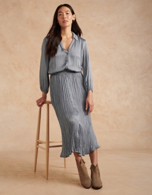 Satin Pleated Midi Shirt Dress