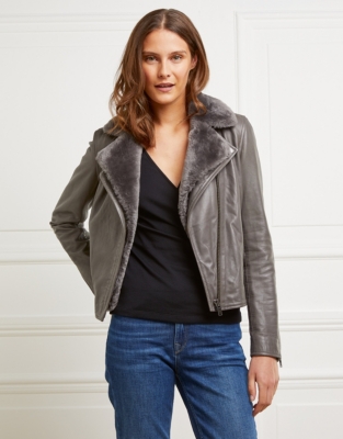 Sheepskin Trim Leather Biker Jacket | Clothing Sale | The White Company UK