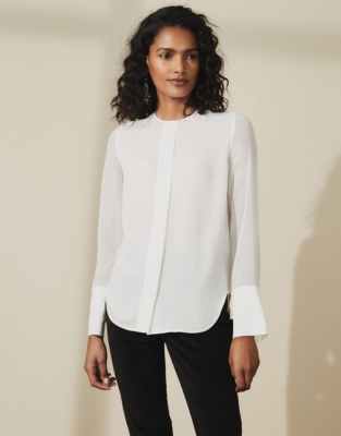 Sheer-Sleeve Collarless Shirt | Clothing Sale | The White Company UK