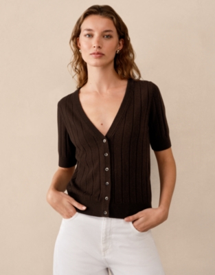 Short Sleeve Ribbed Cardigan with Cashmere
