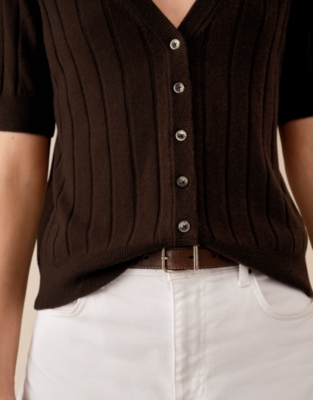 Short Sleeve Ribbed Cardigan with Cashmere