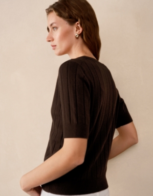 Short Sleeve Ribbed Cardigan with Cashmere