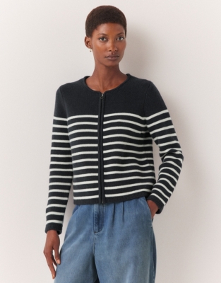 Short Stripe Crew Neck Knitted Jacket