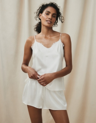 Silk Pajama Shorts in Off-White with Leavers Lace