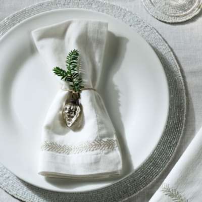 Silver Feather Embroidered Napkins – Set of 4