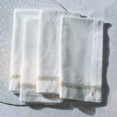 Silver Feather Embroidered Napkins – Set of 4