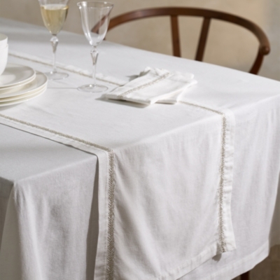 Silver Feather Embroidered Table Runner