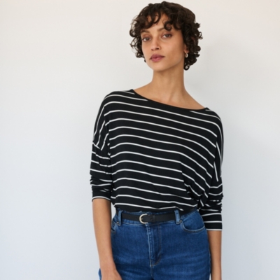 Slash Neck Striped Batwing Jersey Top
