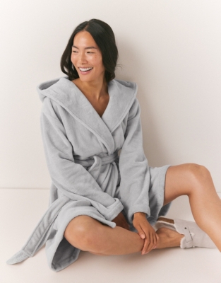 Super Soft Gray Plush Hooded Women's Robe