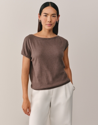 Sparkle Asymmetric Knitted T-shirt with Recycled Cotton - Dark Truffle