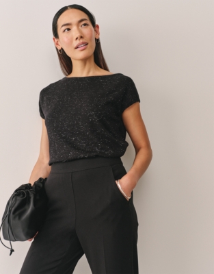 Sparkle Asymmetric Knitted T-shirt with Recycled Cotton - Black