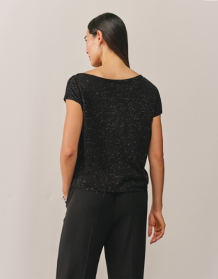 Sparkle Asymmetric Knitted T-shirt with Recycled Cotton - Black