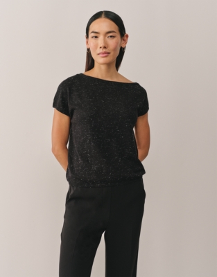 Sparkle Asymmetric Knitted T-shirt with Recycled Cotton - Black