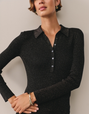 Sparkle Knitted Henley with Viscose - Black