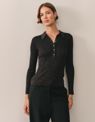 Sparkle Knitted Henley with Viscose - Black