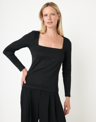 Sparkle Ribbed Jersey Square Neck Top