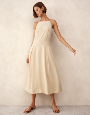 Square Neck Dress with Pleated Skirt