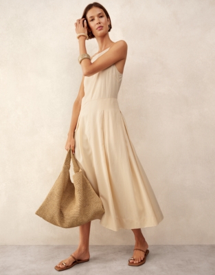 Square Neck Dress with Pleated Skirt