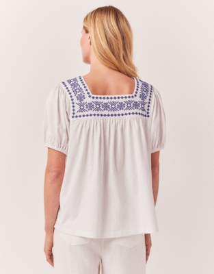 Square Neck Embroidered Jersey Blouse - White