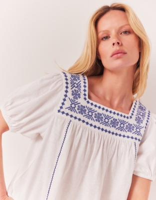 Square Neck Embroidered Jersey Blouse - White