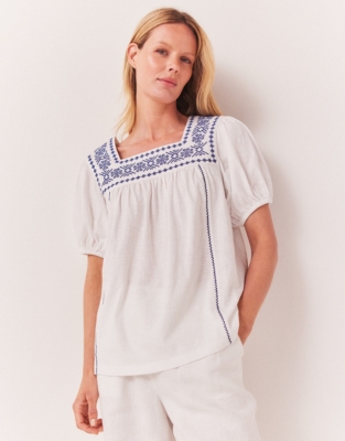 Square Neck Embroidered Jersey Blouse - White