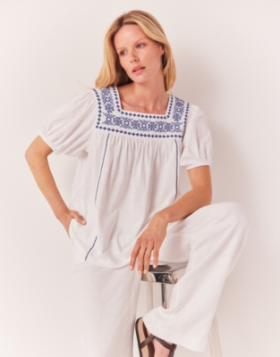 Square Neck Embroidered Jersey Blouse - White