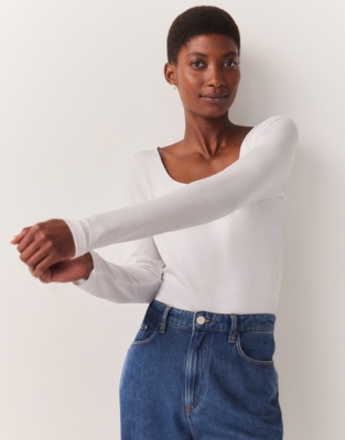 Square Neck Long Sleeve Top - White