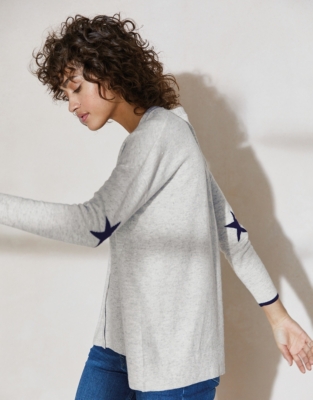 grey cardigan with gold stars on elbows