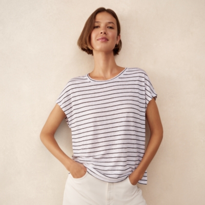 Stripe Button Back Jersey Linen Top 