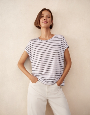 Stripe Button Back Jersey Linen Top 