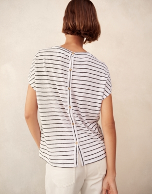 Stripe Button Back Jersey Linen Top 