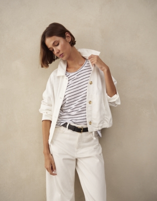 Stripe Button Back Jersey Linen Top 