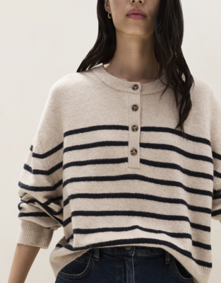 Stripe Button Placket Jumper with Cotton