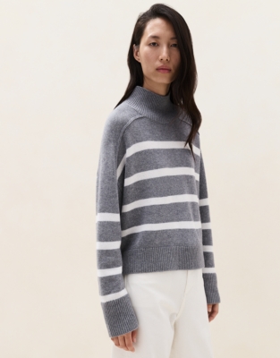 Stripe Funnel Neck Jumper with Cashmere  - Grey Marl