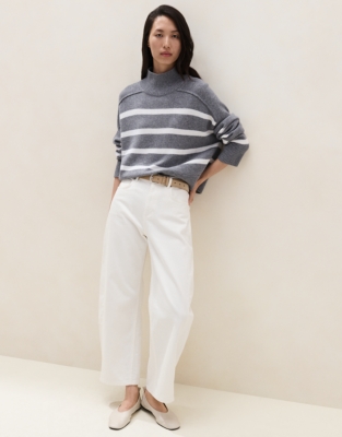 Stripe Funnel Neck Jumper with Cashmere  - Grey Marl