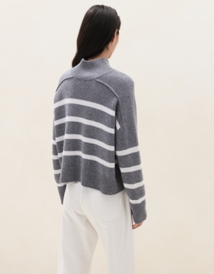 Stripe Funnel Neck Jumper with Cashmere  - Grey Marl