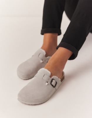 Suede Corkbed Mule Slippers - Pale Grey