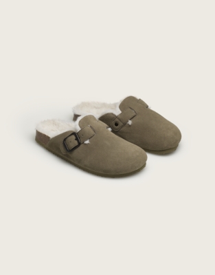 Suede Corkbed Mule Slippers - Olive