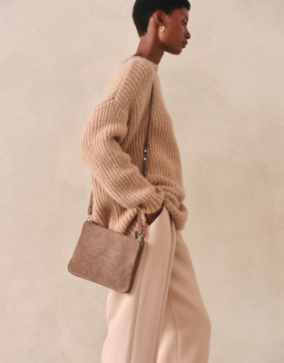 Suede Double Zip Pouch Crossbody Bag