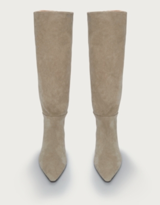 Suede Low Heel High Leg Pointed Boot - Neutral