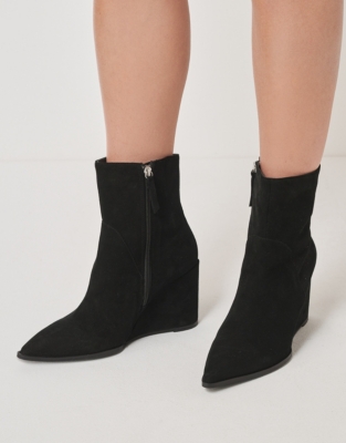 Suede Pointed Wedge Ankle Boots