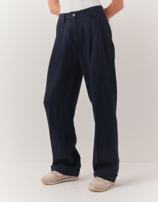Tailored Straight Leg Pleat Front Linen Pants