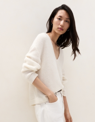 Textured Stitch V Neck Jumper with Alpaca