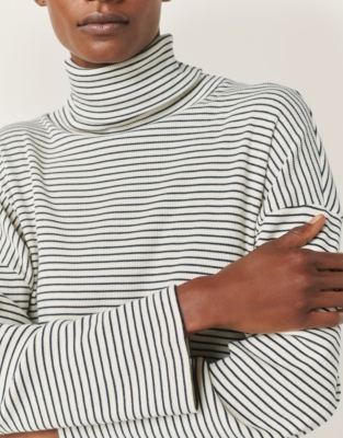 Textured Stripe Jersey Roll Neck Top