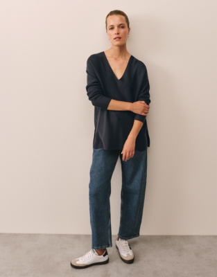 Textured V-Neck Button Back Jumper with Recycled Cotton