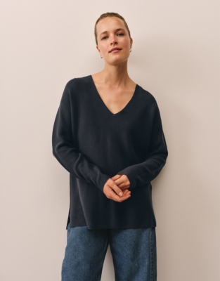 Textured V-Neck Button Back Jumper with Recycled Cotton