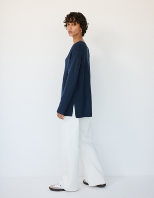 Textured V-Neck Button Back Jumper with Recycled Cotton - Deep Water