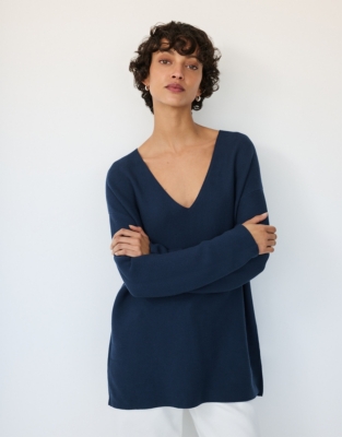 Textured V-Neck Button Back Jumper with Recycled Cotton - Deep Water