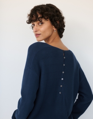 Textured V-Neck Button Back Jumper with Recycled Cotton - Deep Water