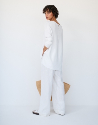 Textured V-Neck Button Back Jumper with Recycled Cotton - Porcelain